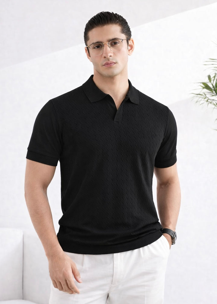 EMBROIDERY KNIT POLO-BLACK