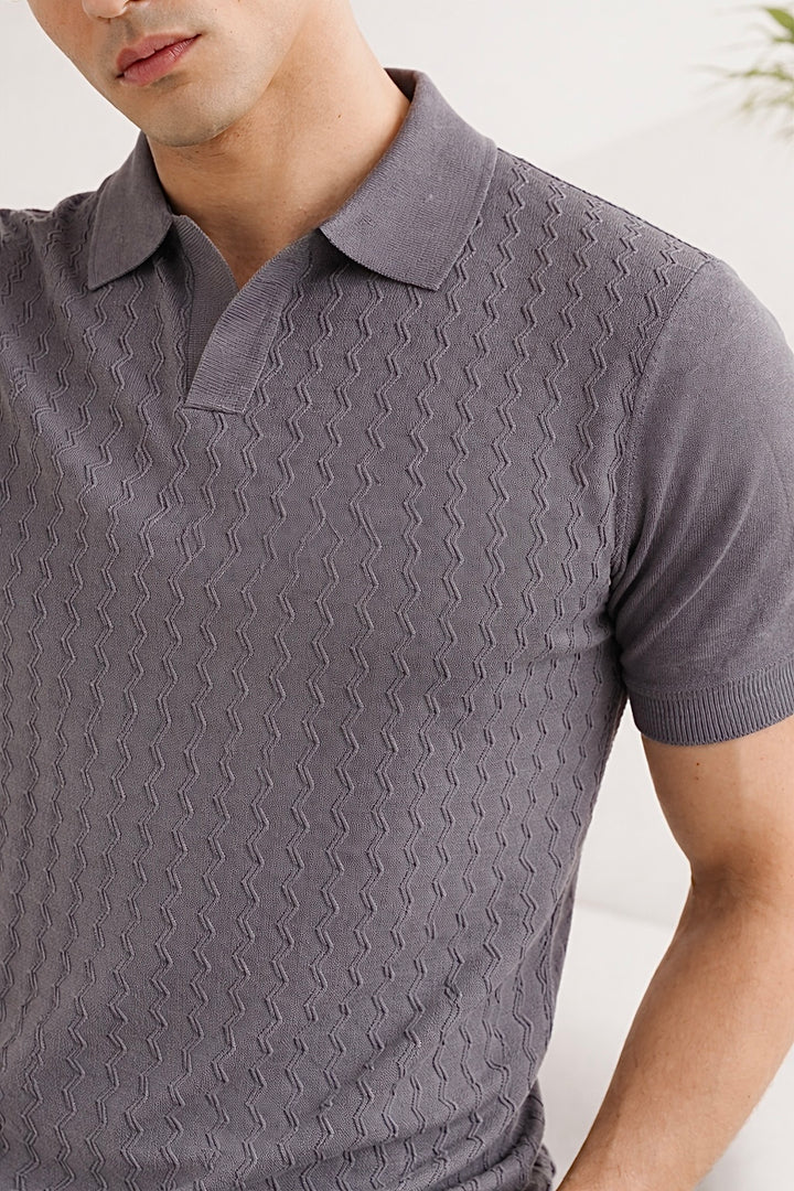 EMBROIDERY KNIT POLO-GRAY