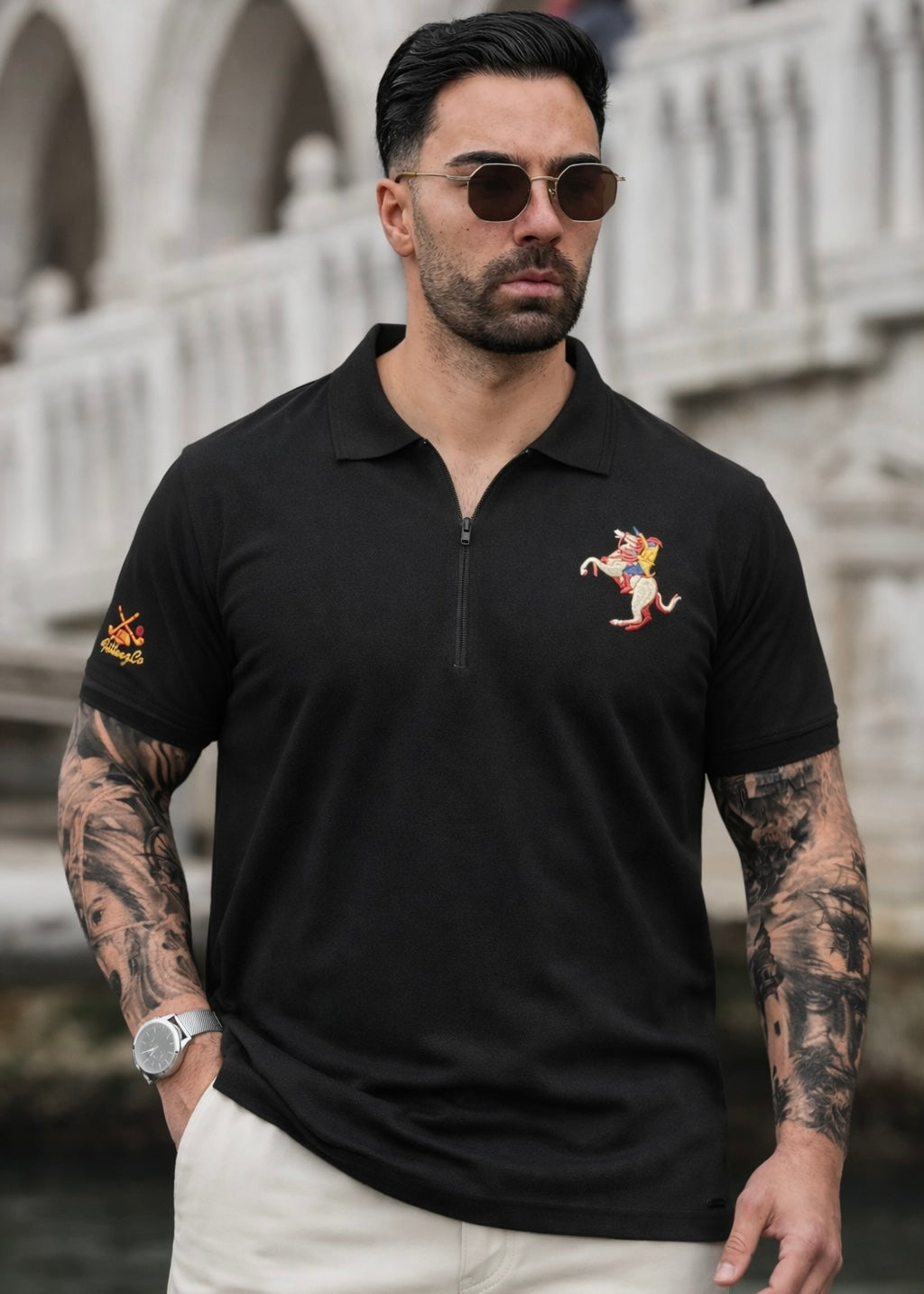 THE ZIPPER-KNIT POLO-BLACK