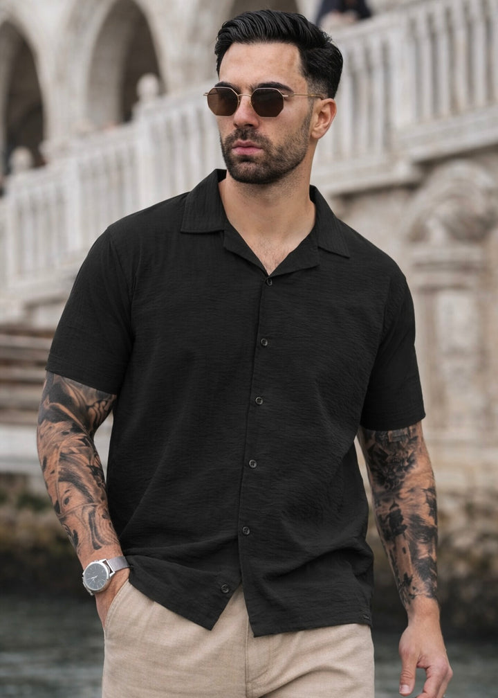 THE SEERSUCKER HALFSLEEVES SHIRT-BLACK