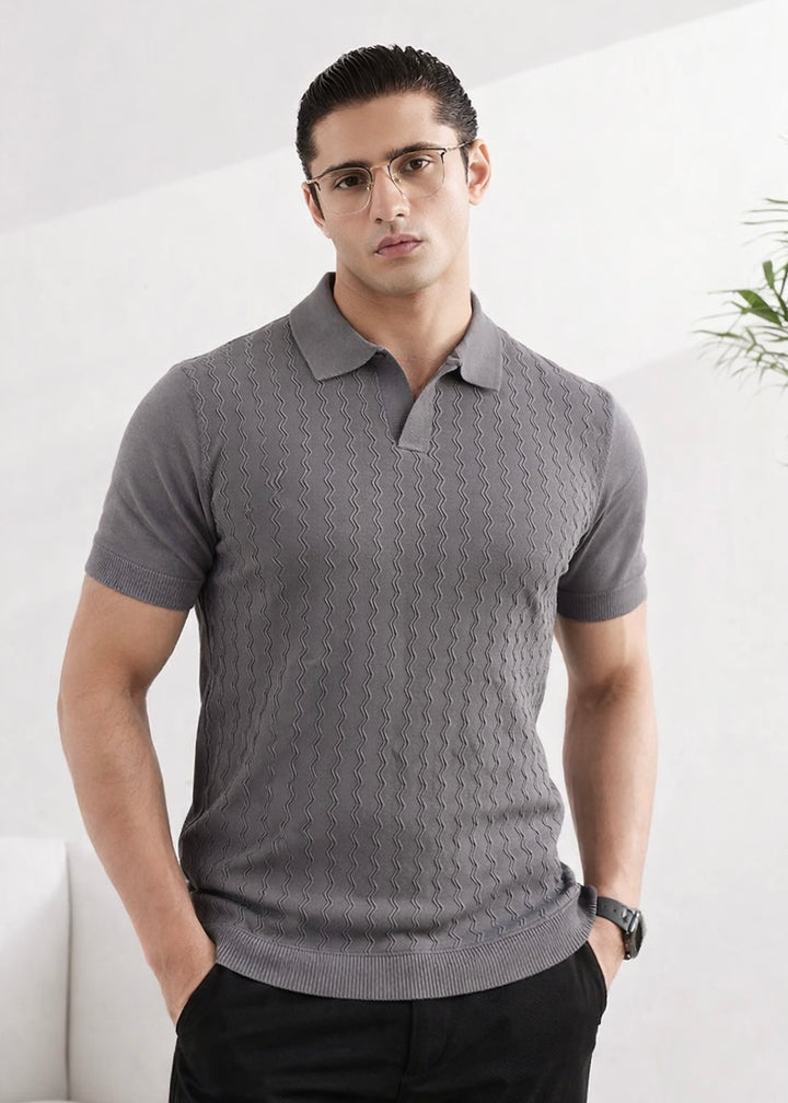 EMBROIDERY KNIT POLO-GRAY