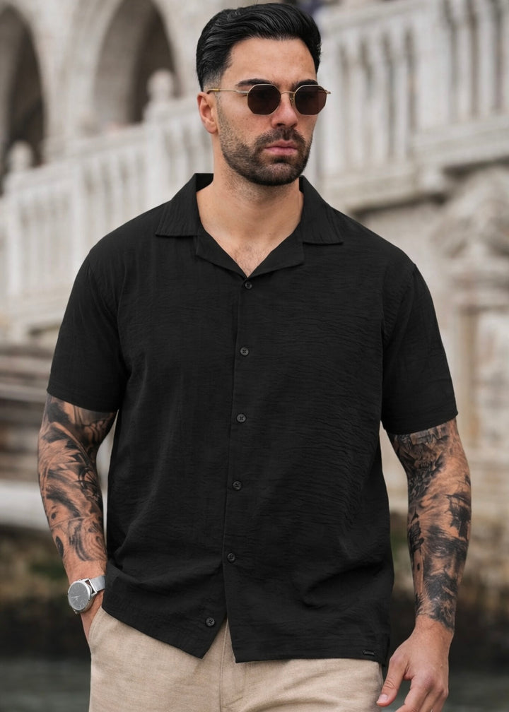 THE SEERSUCKER HALFSLEEVES SHIRT-BLACK