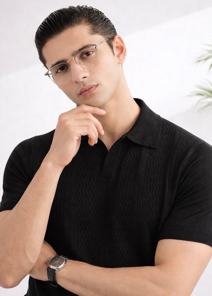REFINED KNITTED POLO-BLACK