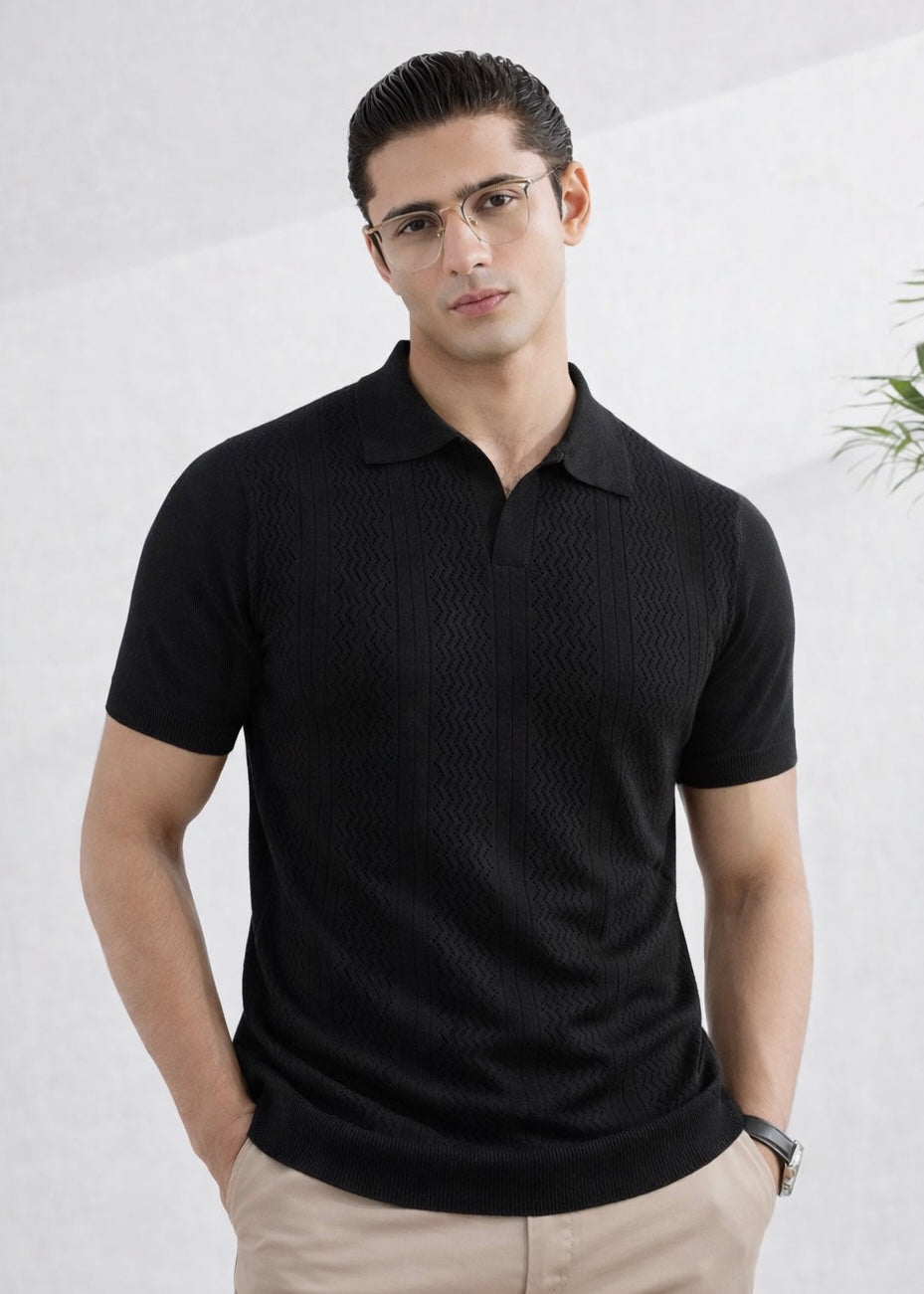 REFINED KNITTED POLO-BLACK