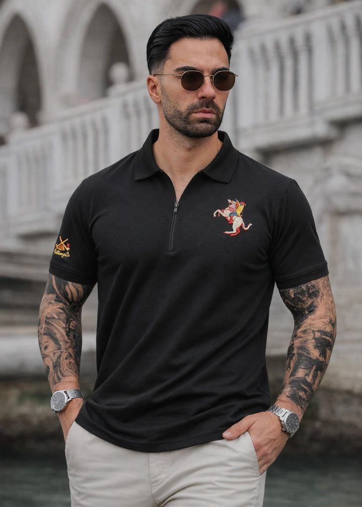 THE ZIPPER-KNIT POLO-BLACK