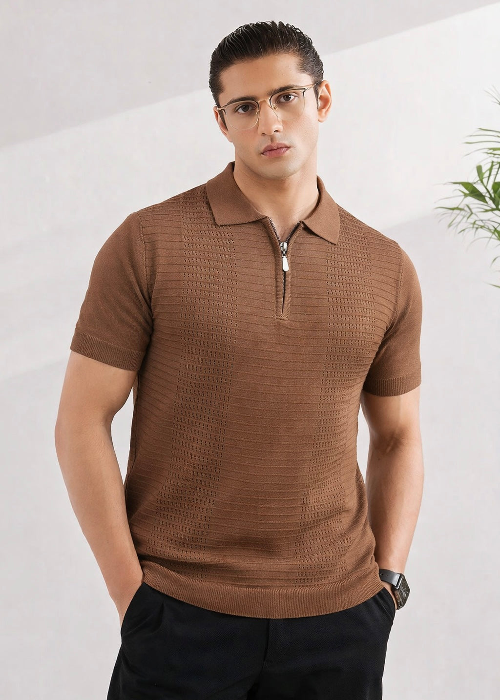 ICONIC KNITTED POLO-BROWN