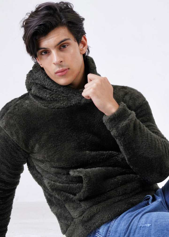 OLIVE-GREEN FUR HOODIE-FT