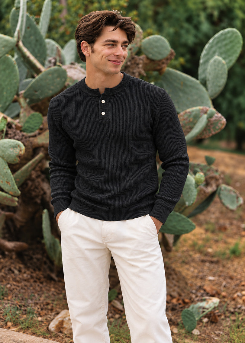 The Essential Ribbed Henley – BLACK